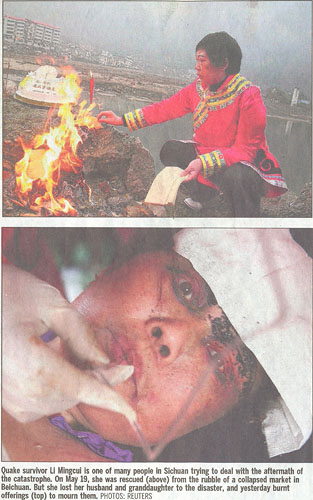 Scan of Reuters photos of Sichuan quake survivor Quake Survivor Li Mingcui is one of many people in Sichuan trying to deal with the aftermath of The catastrophe. On May 19, she was rescued (above) from the rubble of a collapsed market in Beichuan. But she lost her husband and granddaughter to the disaster, and yesterday burnt offerings (top) to mourn them.