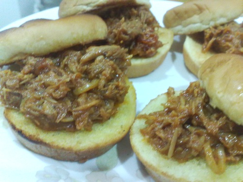 Pulled pork sandwiches. They may be blur, but they taste good. Pulled pork sandwiches. They may be blur, but they taste good.