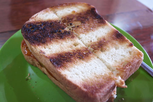 Toasted kaya bread. Very sweet. Very coconutty. Toasted kaya bread. Very sweet. Very coconutty.